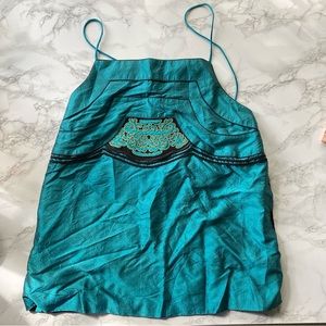 Transitional Chinese Embroidery open back silk Top hobo Turquoise blue